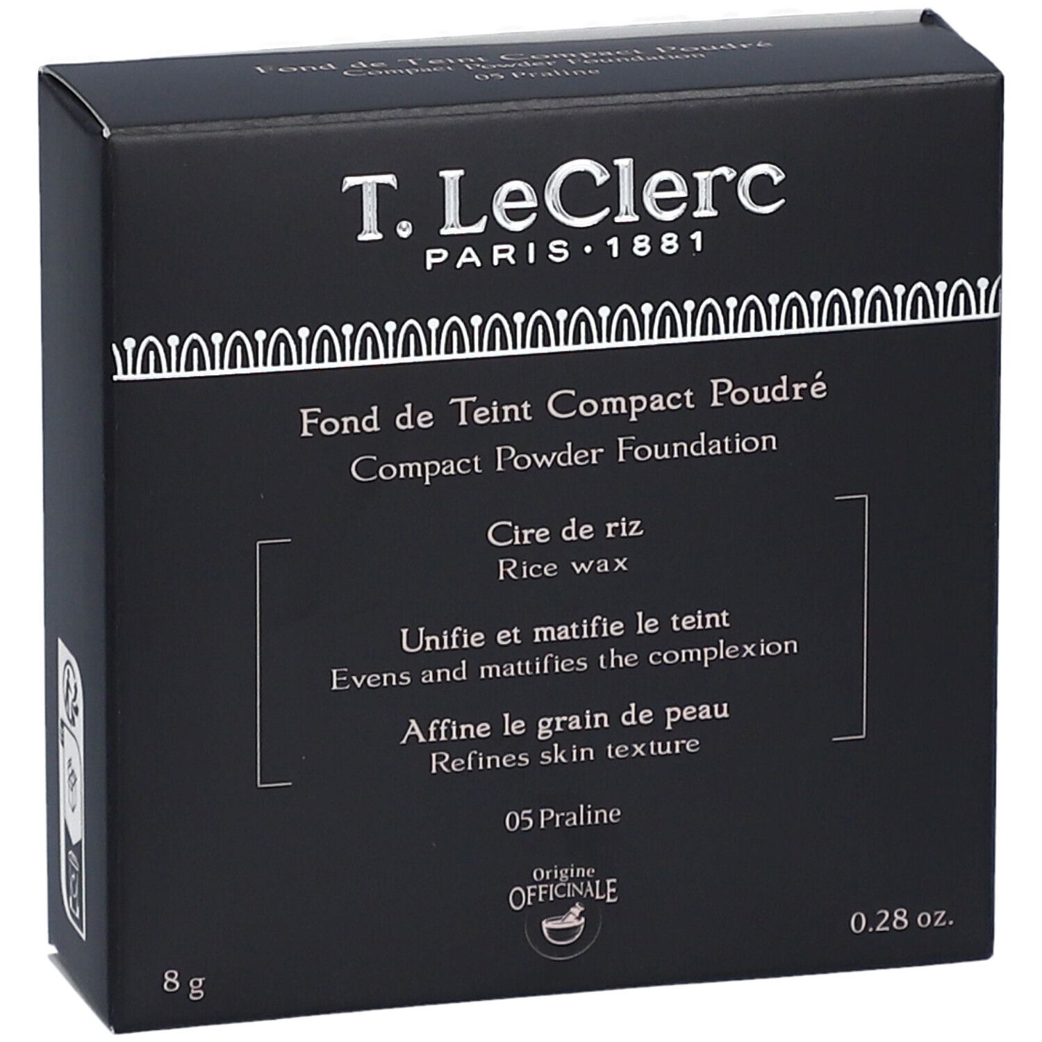 Schwarze Schachtel mit Produktinformationen. Text: T. LeClerc, Fond de Teint Compact Poudré, 05 Praline, 8g, 0.28 oz.