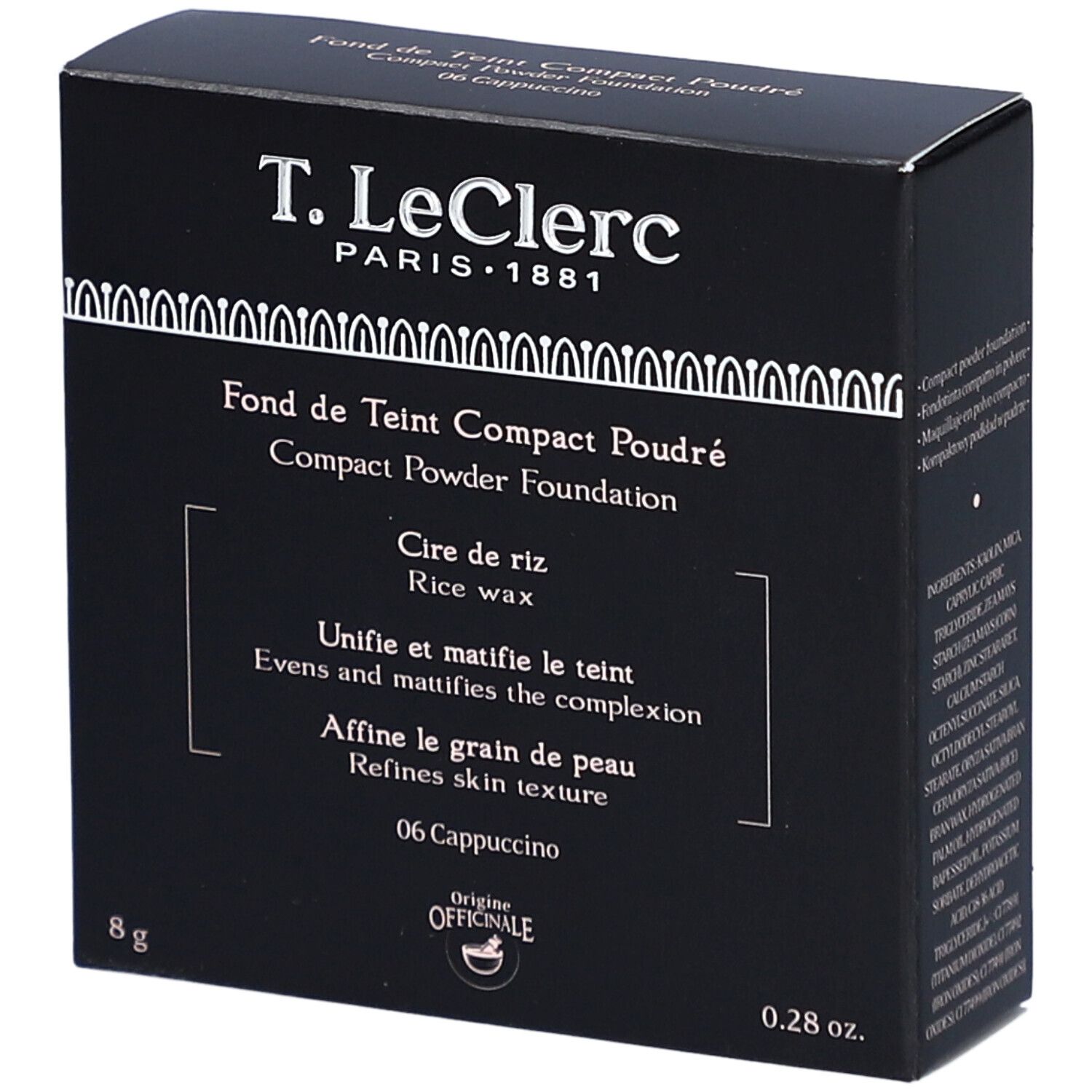Schwarze Schachtel mit Produktinformationen. Aufschrift: T. LeClerc, Fond de Teint Compact Poudré, 06 Cappuccino, 8g, 0.28 oz.