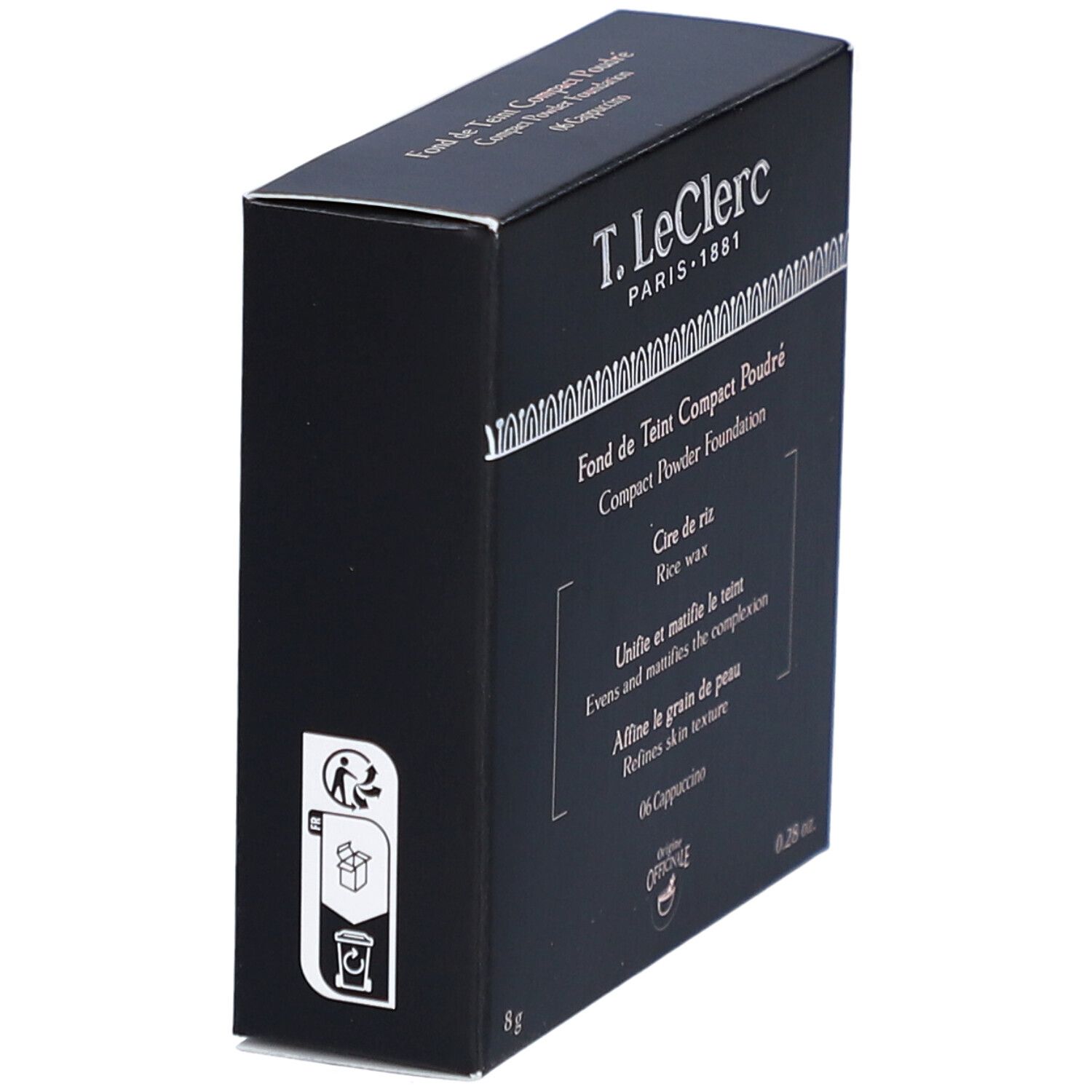 Schwarze Schachtel, schräg von der Seite. Aufschrift: T. LeClerc, Fond de Teint Compact Poudré. Recycling-Symbole.