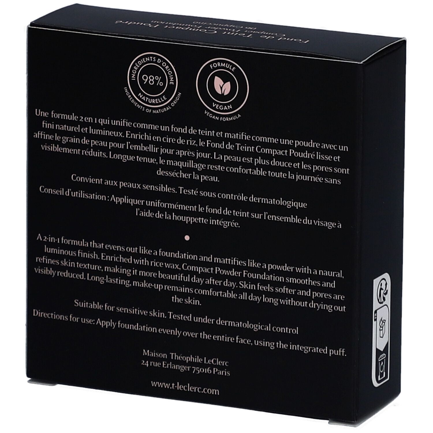 Rückseite der schwarzen Schachtel. Text: Inhaltsstoffe, 98% natürlich, vegan. Text über die Anwendung und dermatologische Kontrolle.