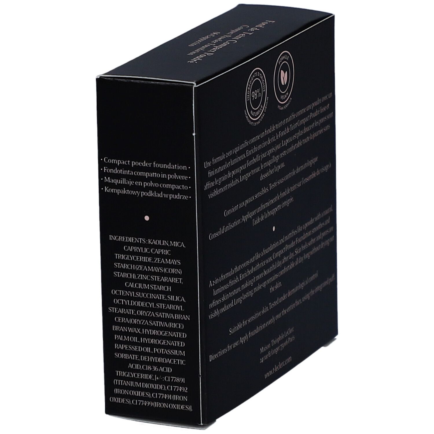 Schwarze Schachtel, schräg von der Seite. Text: Inhaltsstoffe, Anwendungshinweise, dermatologische Kontrolle, Maison Theophile LeClerc.