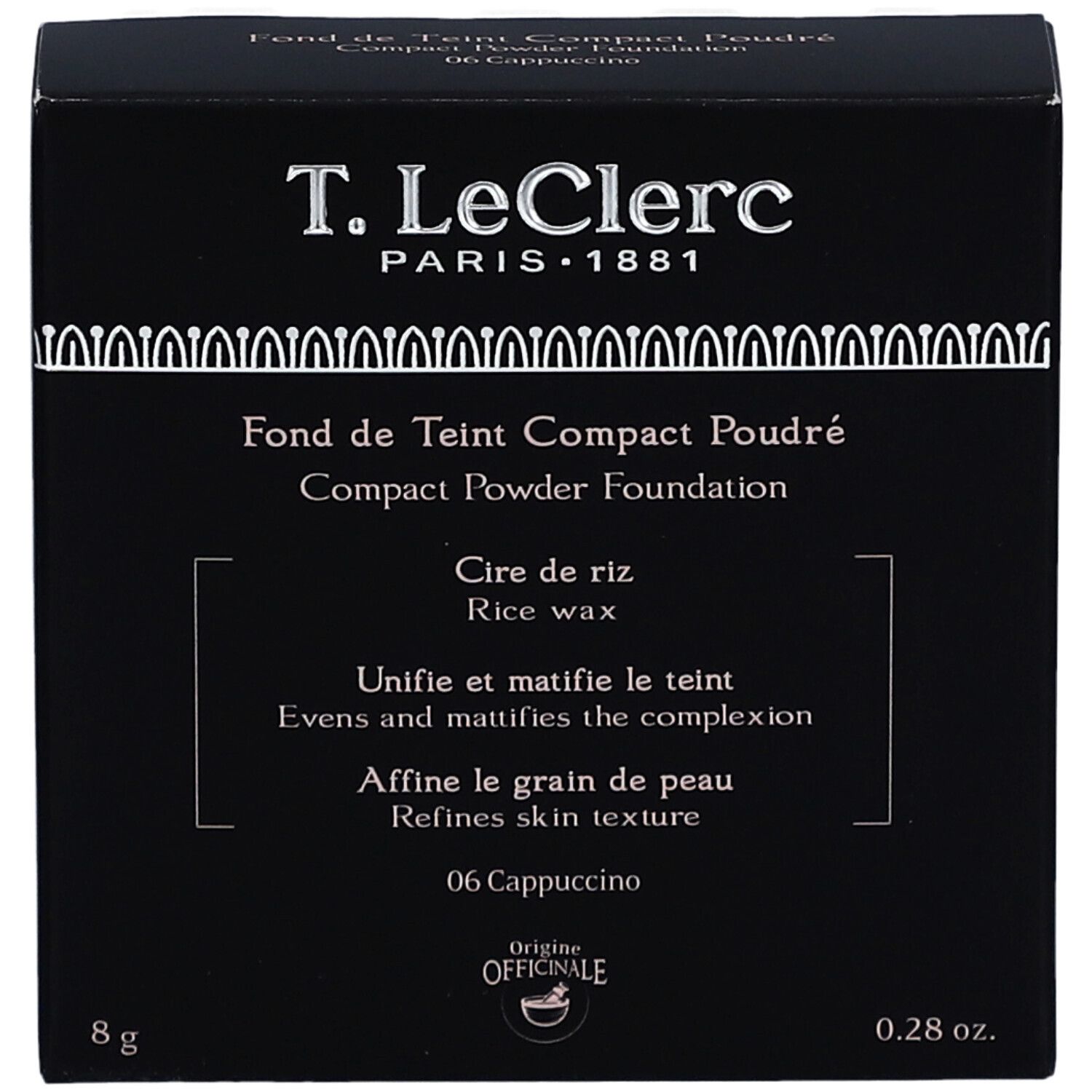 Schwarze Schachtel mit Produktinformationen. Aufschrift: T. LeClerc, Fond de Teint Compact Poudré, 06 Cappuccino, 8g, 0.28 oz.