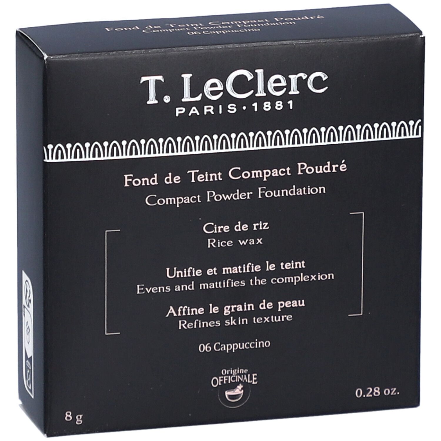 Schwarze Schachtel mit Produktinformationen. Aufschrift: T. LeClerc, Fond de Teint Compact Poudré, 06 Cappuccino, 8g, 0.28 oz.