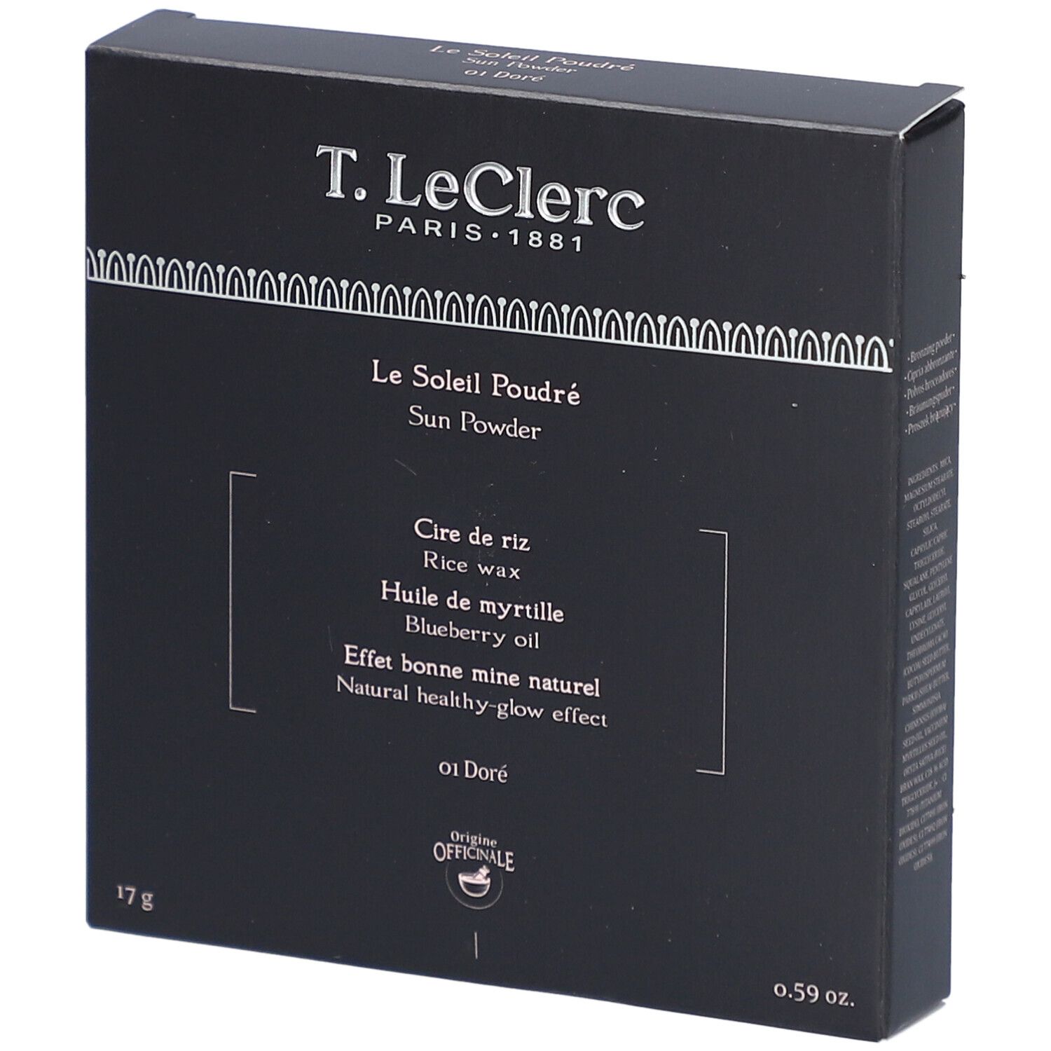 Schwarze Verpackung mit Produktinformationen. Marke T. LeClerc, Produktname Le Soleil Poudré, Farbton 01 Doré. 17g.