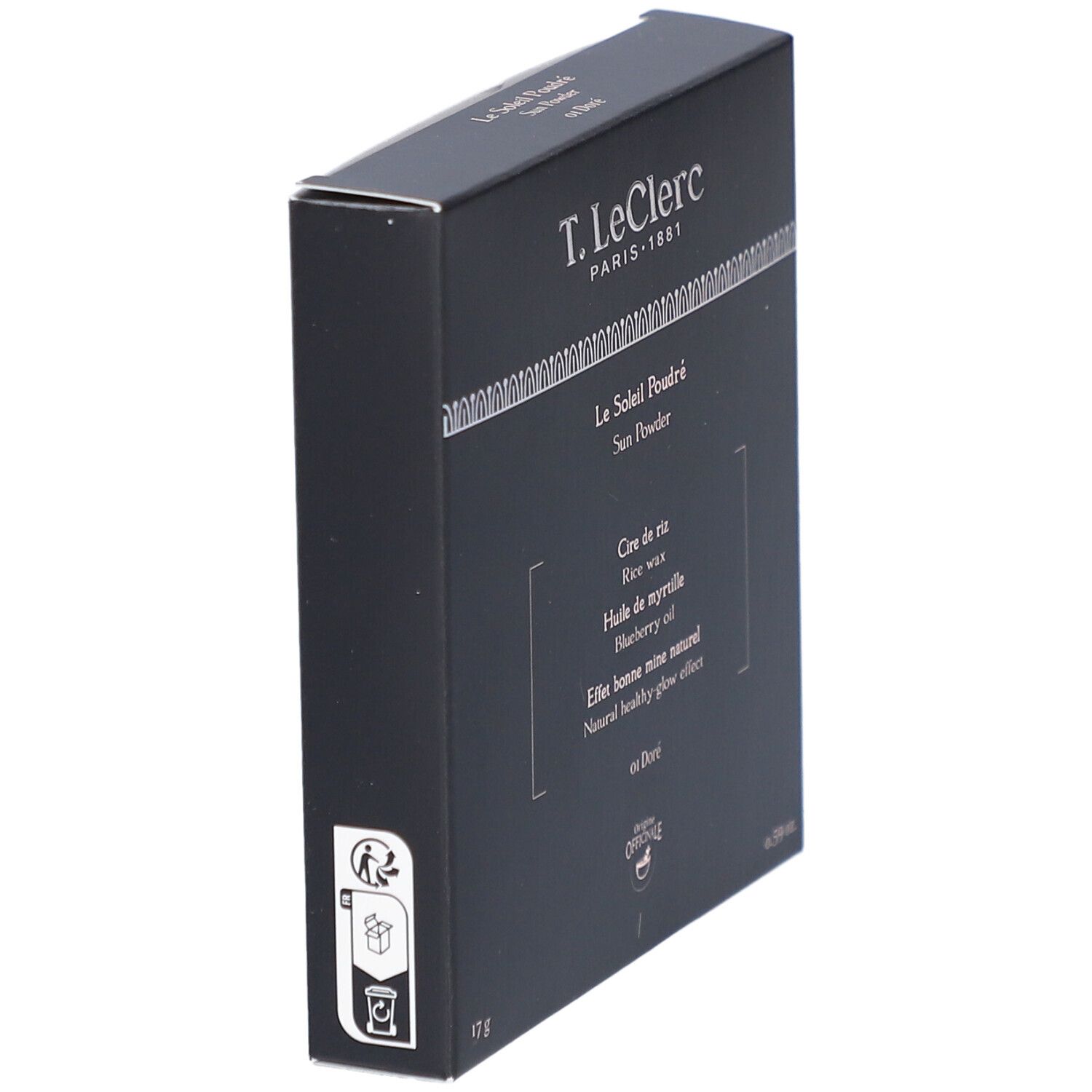 Schwarze Verpackung, Marke T. LeClerc. Produktname Le Soleil Poudré, Farbton 01 Doré. Seitenansicht, 17g.