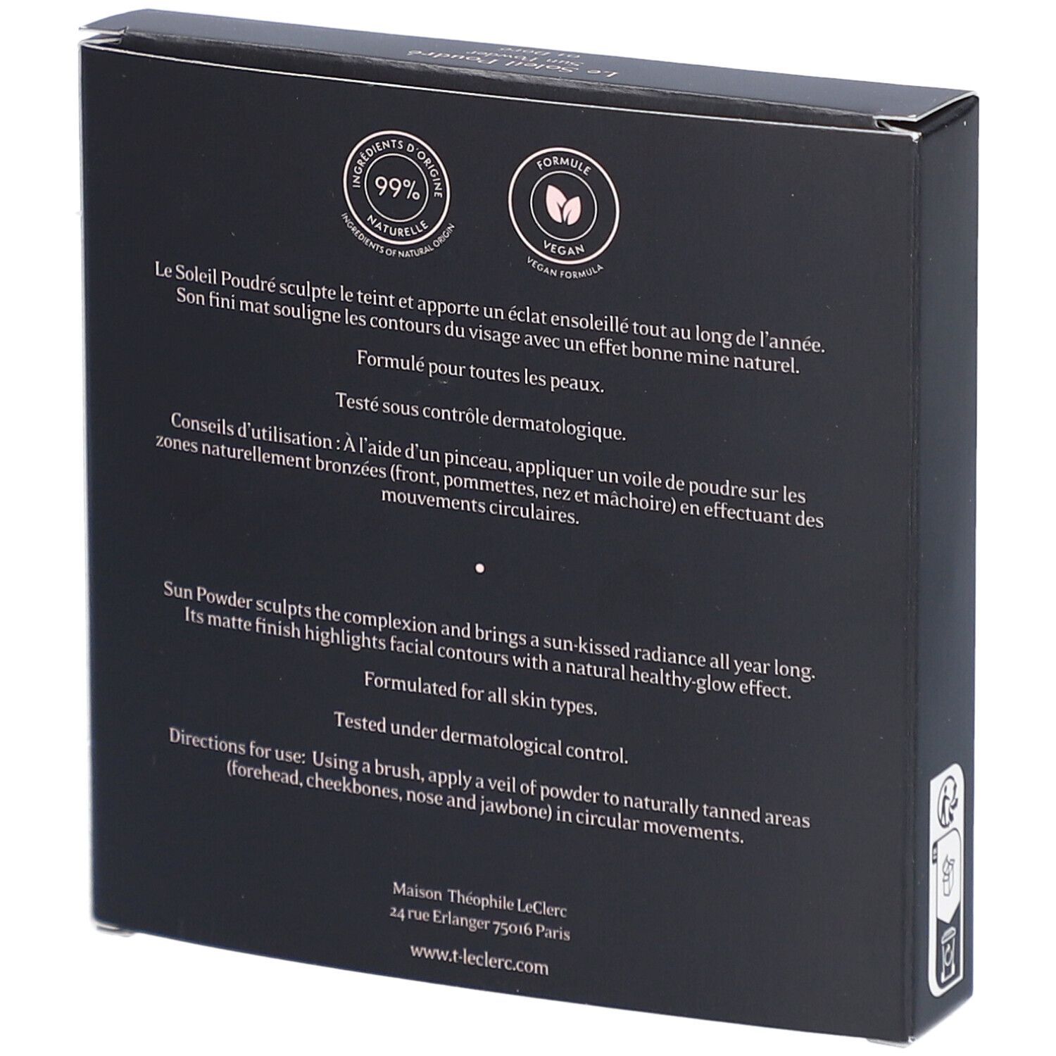 Rückseite der schwarzen Verpackung. Text: Inhaltsstoffe, Anwendungshinweise, dermatologisch getestet. Marke T. LeClerc.