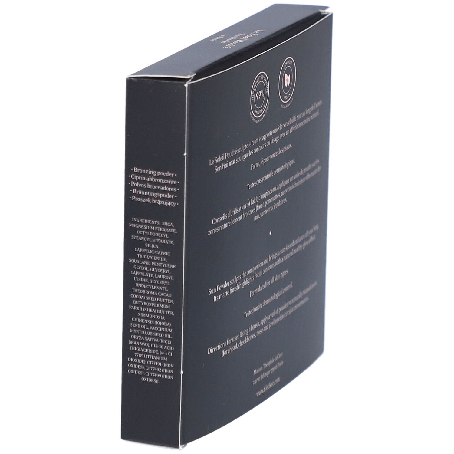Schwarze Verpackung, Seitenansicht. Text: Inhaltsstoffe, Anwendungshinweise, dermatologisch getestet. Marke T. LeClerc.