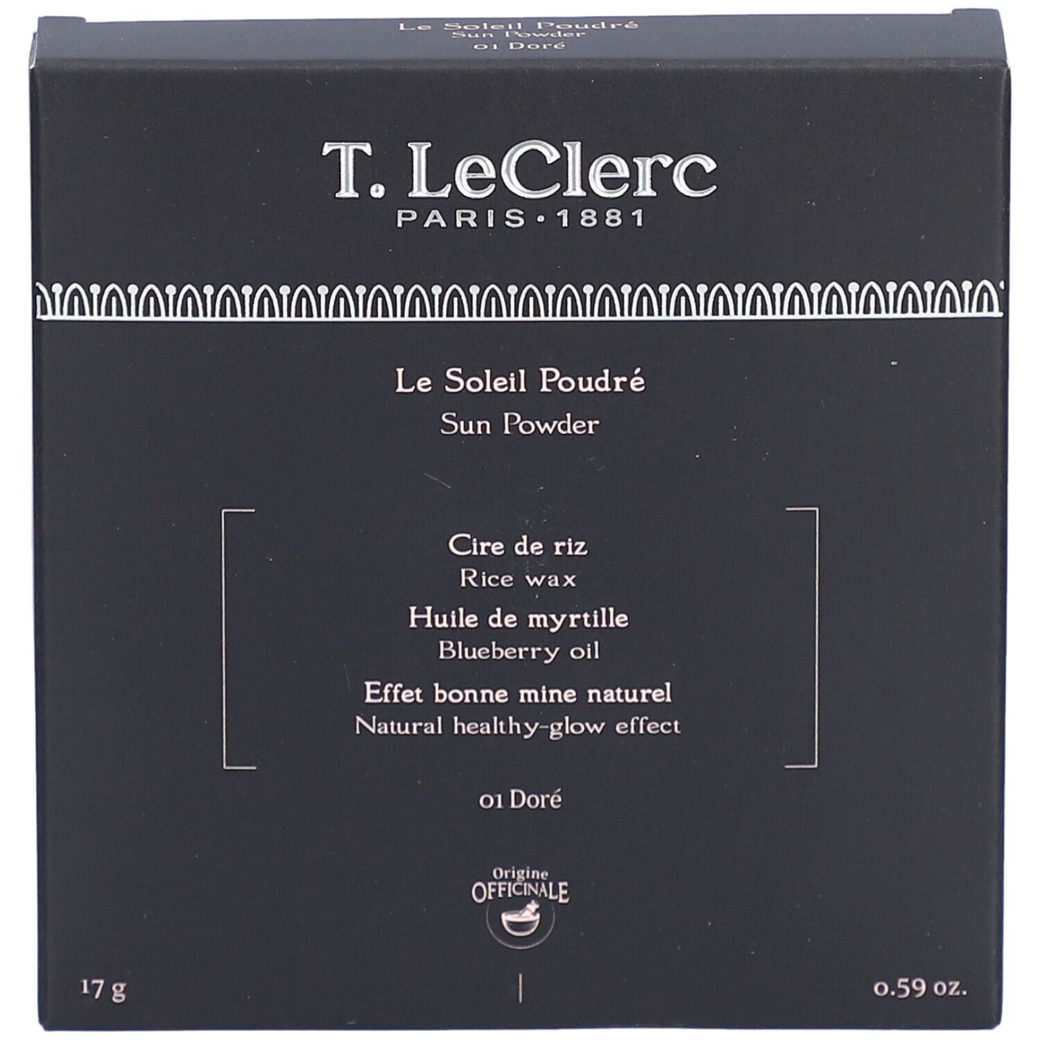 Schwarze Verpackung mit Produktinformationen. Marke T. LeClerc, Produktname Le Soleil Poudré, Farbton 01 Doré. 17g.