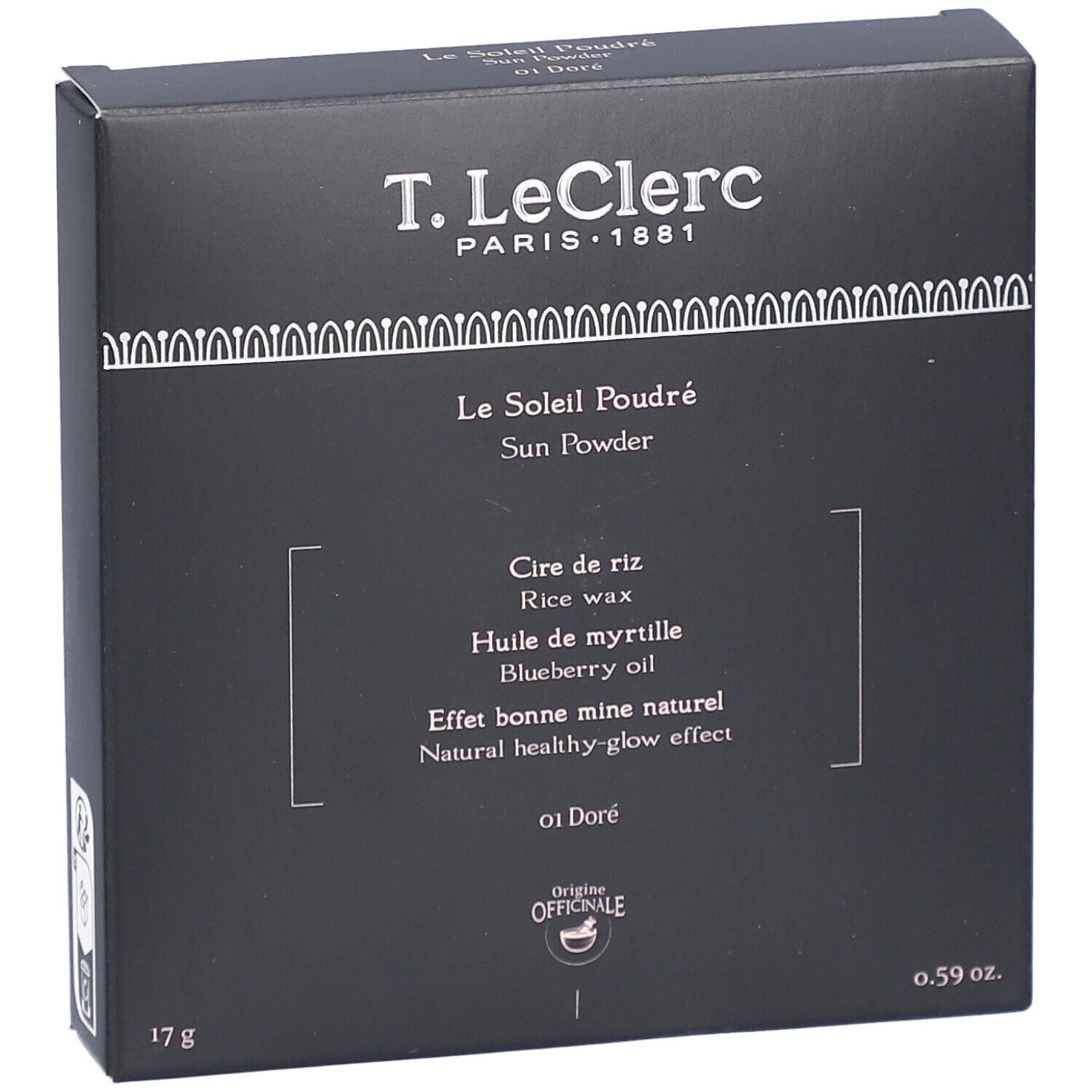 Schwarze Verpackung mit Produktinformationen. Marke T. LeClerc, Produktname Le Soleil Poudré, Farbton 01 Doré. 17g.