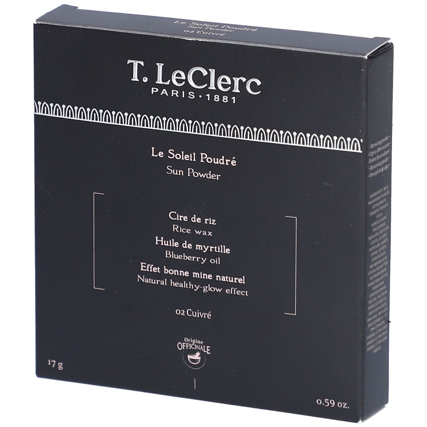 T. LeClerc Bronzing Sun Powder in schwarzer Verpackung. Aufschrift: Le Soleil Poudré, 02 Cuivré, 17g.