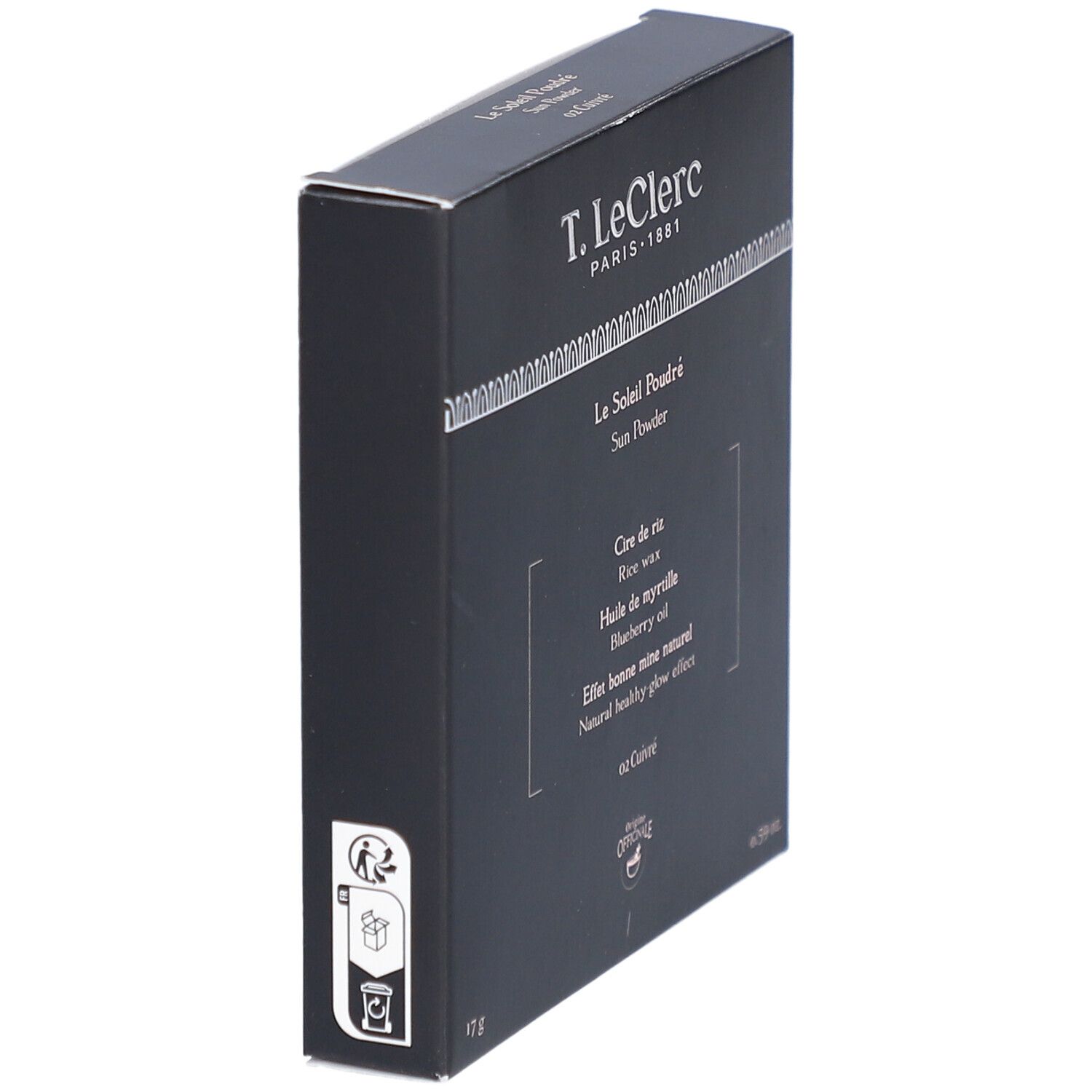 T. LeClerc Bronzing Sun Powder, schwarze Verpackung. Aufschrift: Le Soleil Poudré, 02 Cuivré, 17g. Seitenansicht.