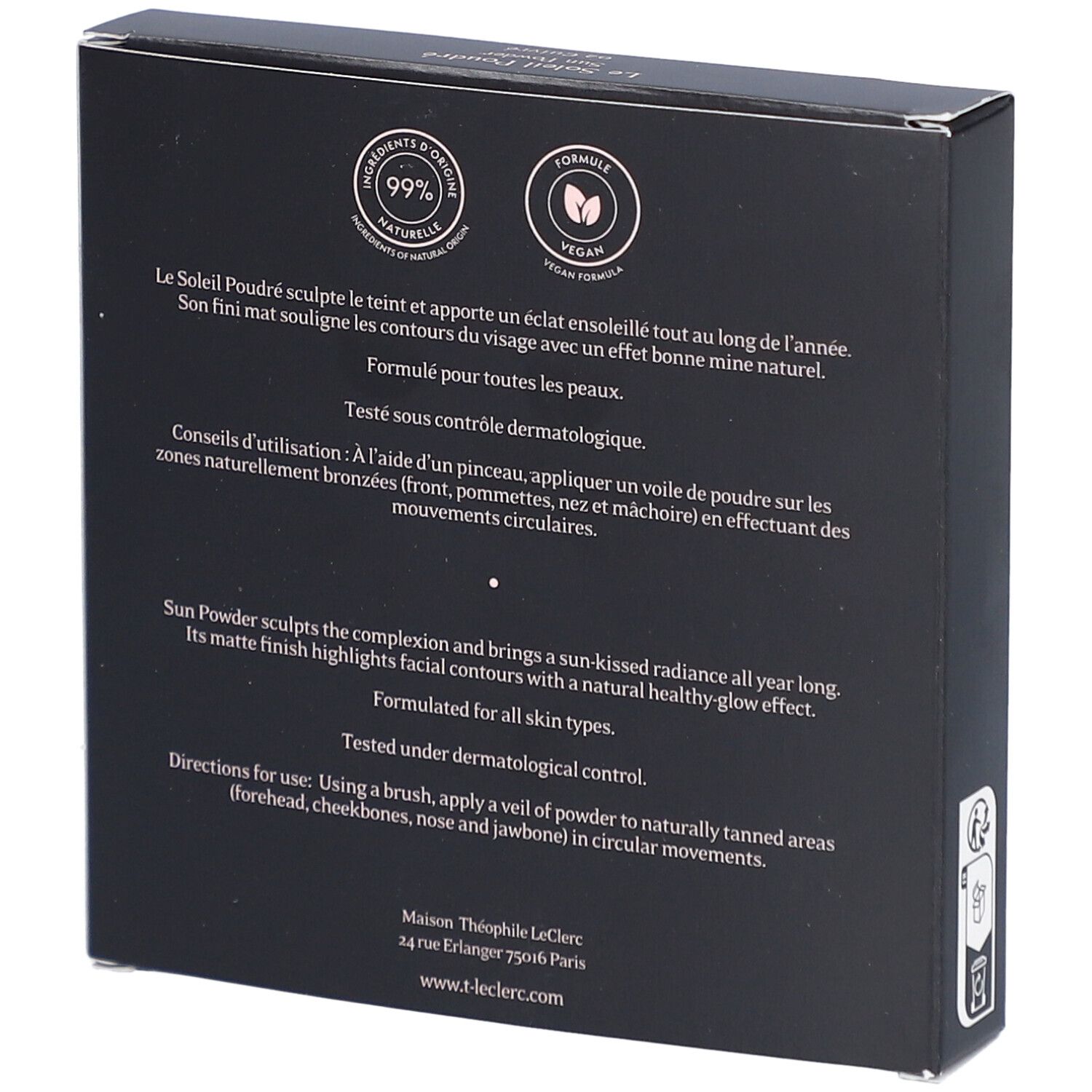 Rückseite der T. LeClerc Bronzing Sun Powder Verpackung. Text: Inhaltsstoffe, Anwendungshinweise, vegan.
