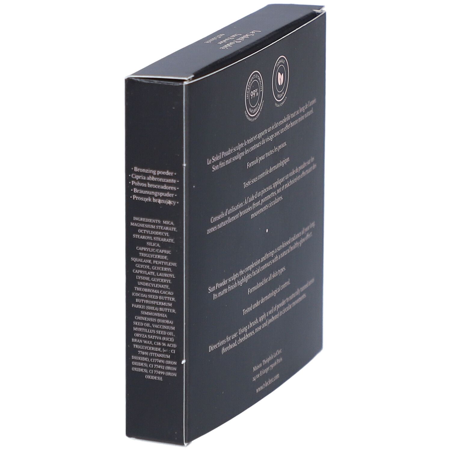 Seite der T. LeClerc Bronzing Sun Powder Verpackung. Text: Inhaltsstoffe, Anwendungshinweise, vegan.