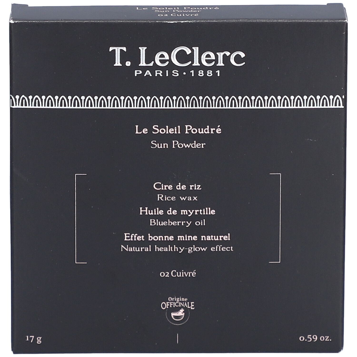 T. LeClerc Bronzing Sun Powder in schwarzer Verpackung. Aufschrift: Le Soleil Poudré, 02 Cuivré, 17g.