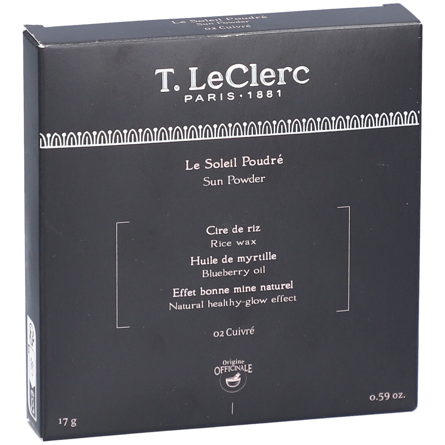 T. LeClerc Bronzing Sun Powder in schwarzer Verpackung. Aufschrift: Le Soleil Poudré, 02 Cuivré, 17g.
