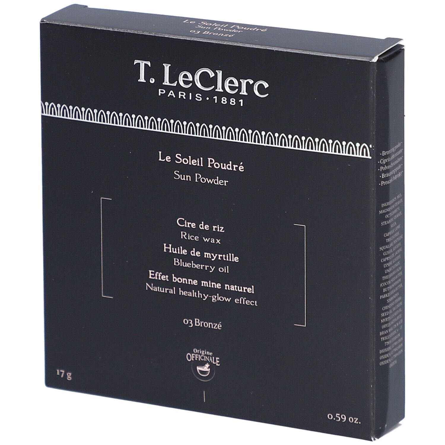 Dunkelbraune Kartonverpackung. Aufschrift: T. LeClerc, Le Soleil Poudré, Sun Powder, 03 Bronzé. Enthält 17g.
