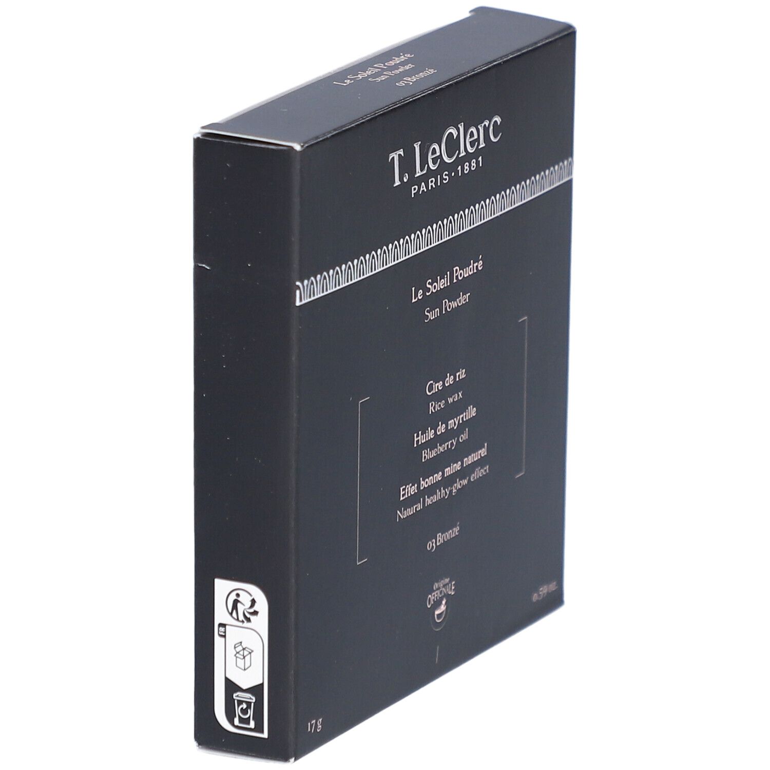 Dunkelbraune Kartonverpackung. Aufschrift: T. LeClerc, Le Soleil Poudré, Sun Powder, 03 Bronzé. Enthält 17g.