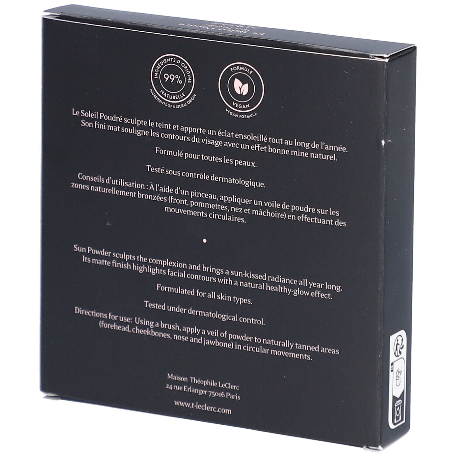 Dunkelbraune Kartonverpackung. Aufschrift: T. LeClerc, Le Soleil Poudré, Sun Powder, 03 Bronzé. Enthält 17g. Rückseite mit Text und Logos.