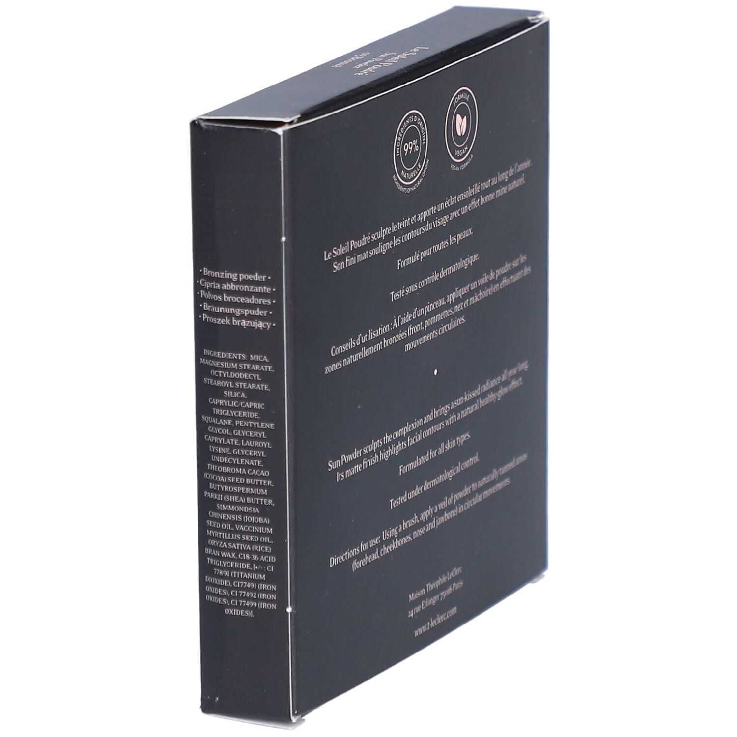 Dunkelbraune Kartonverpackung. Aufschrift: T. LeClerc, Le Soleil Poudré, Sun Powder, 03 Bronzé. Enthält 17g. Rückseite mit Text und Logos.