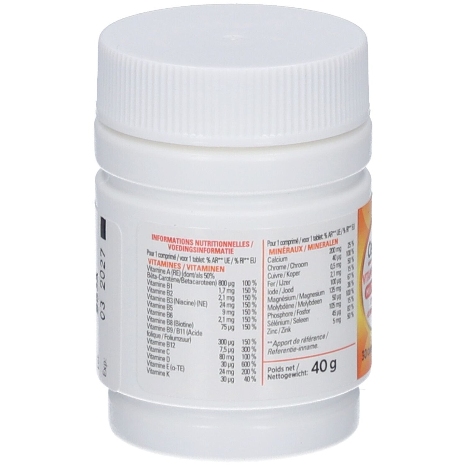 Weiße Flasche mit Schraubverschluss. Enthält Informationen zu Vitaminen und Mineralien. Gewicht: 40 g.