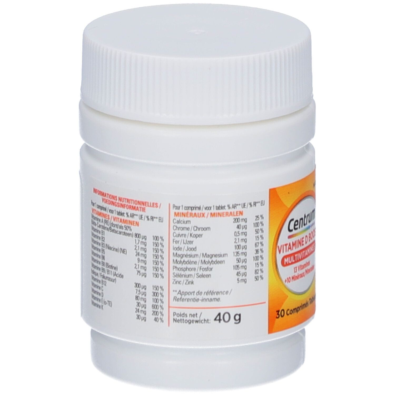 Weiße Flasche mit Schraubverschluss. Enthält Informationen zu Vitaminen und Mineralien. 30 Tabletten.