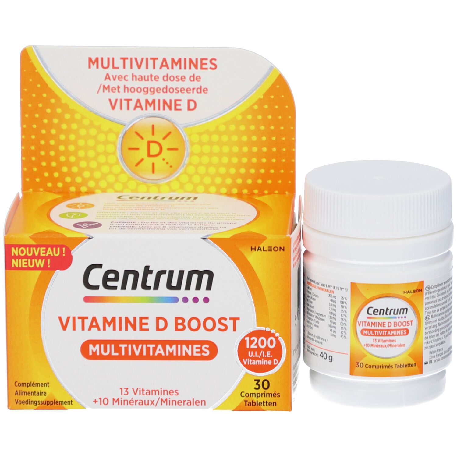 Produktverpackung und Flasche. Enthält 30 Tabletten. Produktname: Centrum Vitamine D Boost Multivitamine.