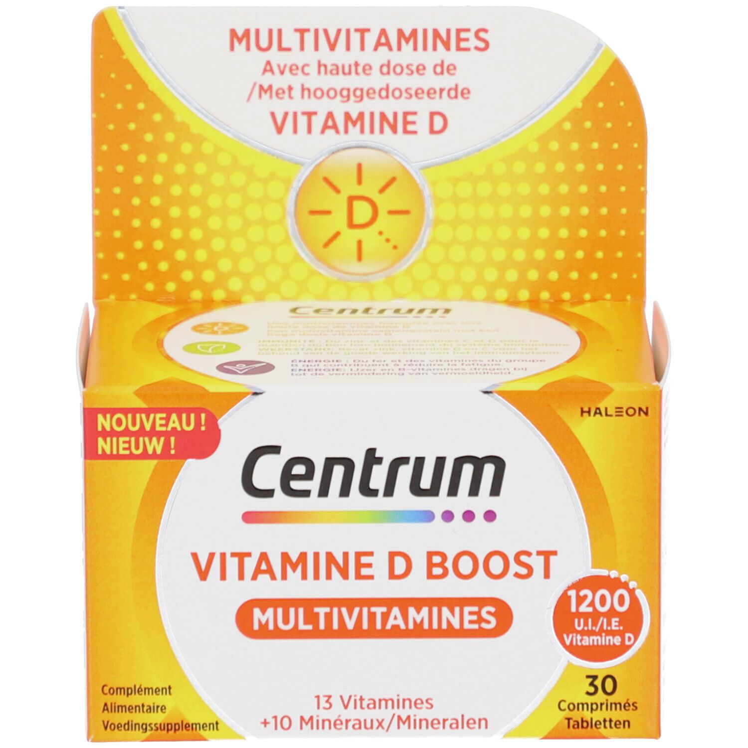 Produktverpackung. Enthält 30 Tabletten. Produktname: Centrum Vitamine D Boost Multivitamine.
