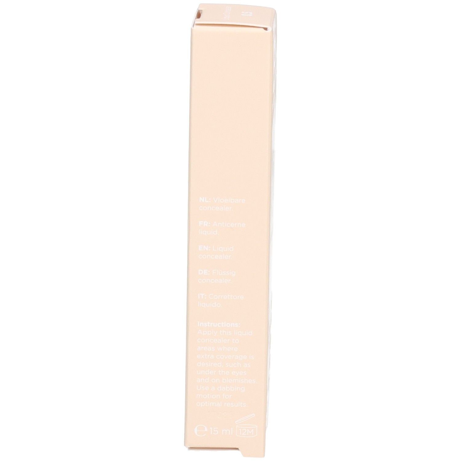 Seitenansicht der Kartonverpackung. Text in mehreren Sprachen. Beige Hintergrund.