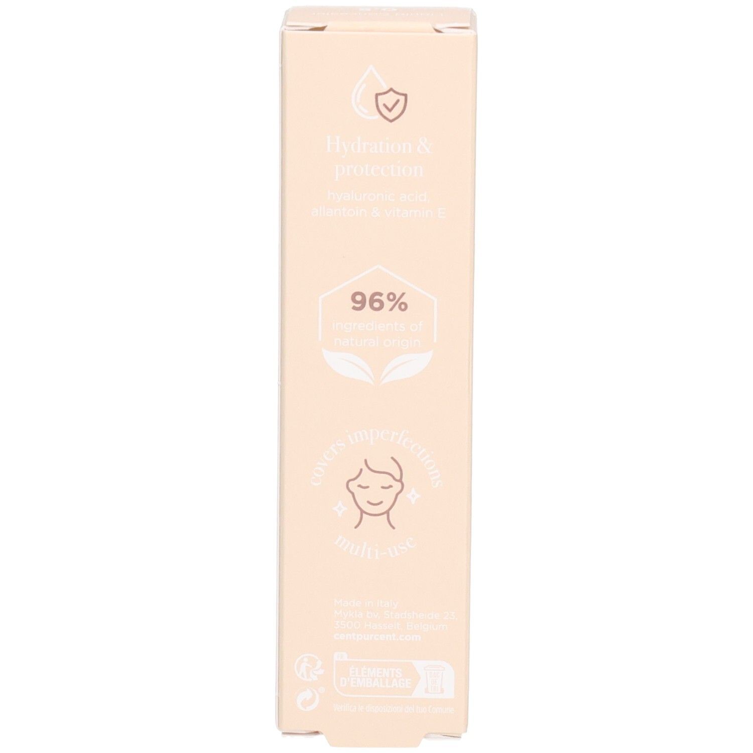 Vorderseite der Kartonverpackung. Aufschrift: Hyaluron & Protection, 96%. Beige Hintergrund.