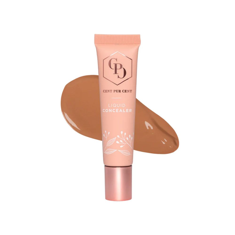 Tube et échantillon de produit. Inscription: Cent Pur Cent, Liquid Concealer. Échantillon brun.