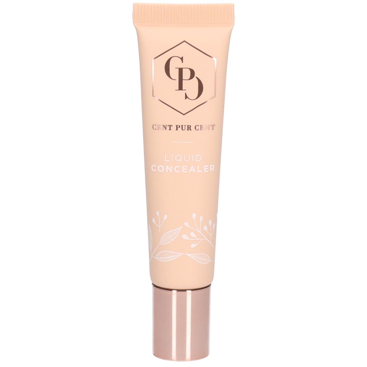 Beige Tube mit roségoldfarbenem Deckel. Aufschrift: Cent Pur Cent, Liquid Concealer. Floral Muster.