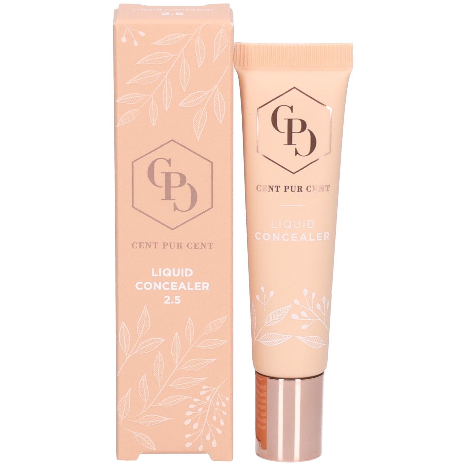 Tube und Verpackung. Aufschrift: Cent Pur Cent, Liquid Concealer 2.5. Beige und rosa Farbtöne.