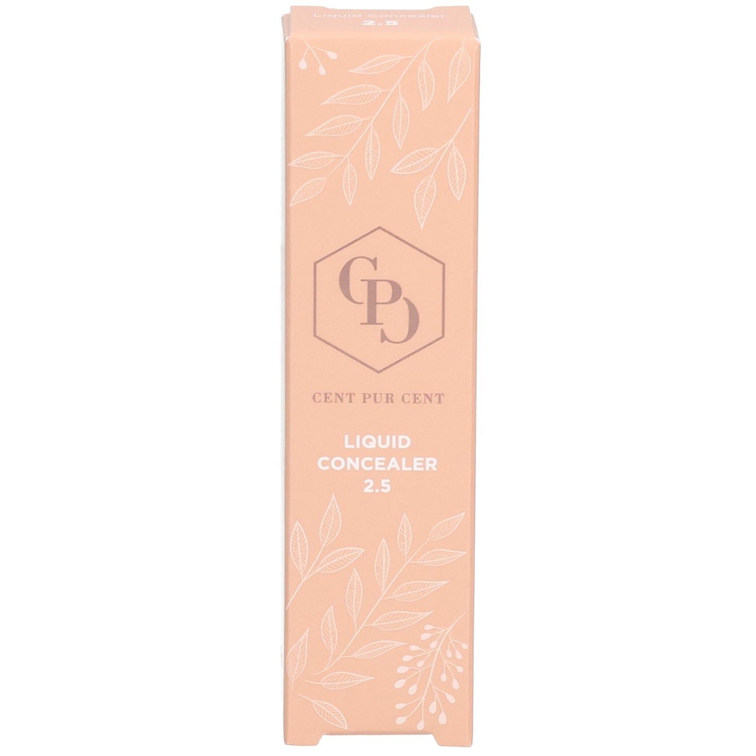 Verpackung. Aufschrift: Cent Pur Cent, Liquid Concealer 2.5. Beige und rosa Farbtöne.