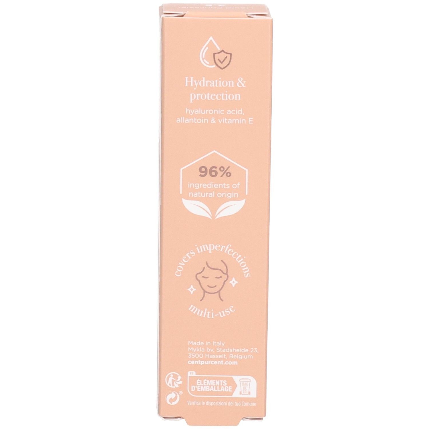 Rückseite der Verpackung. Informationen zu Inhaltsstoffen und Eigenschaften. Beige Hintergrund.