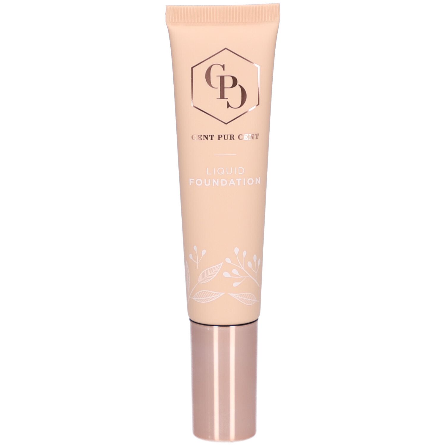 Beige Tube mit roségoldfarbenem Deckel. Aufschrift: Cent Pur Cent Liquid Foundation. Logo: C P C.