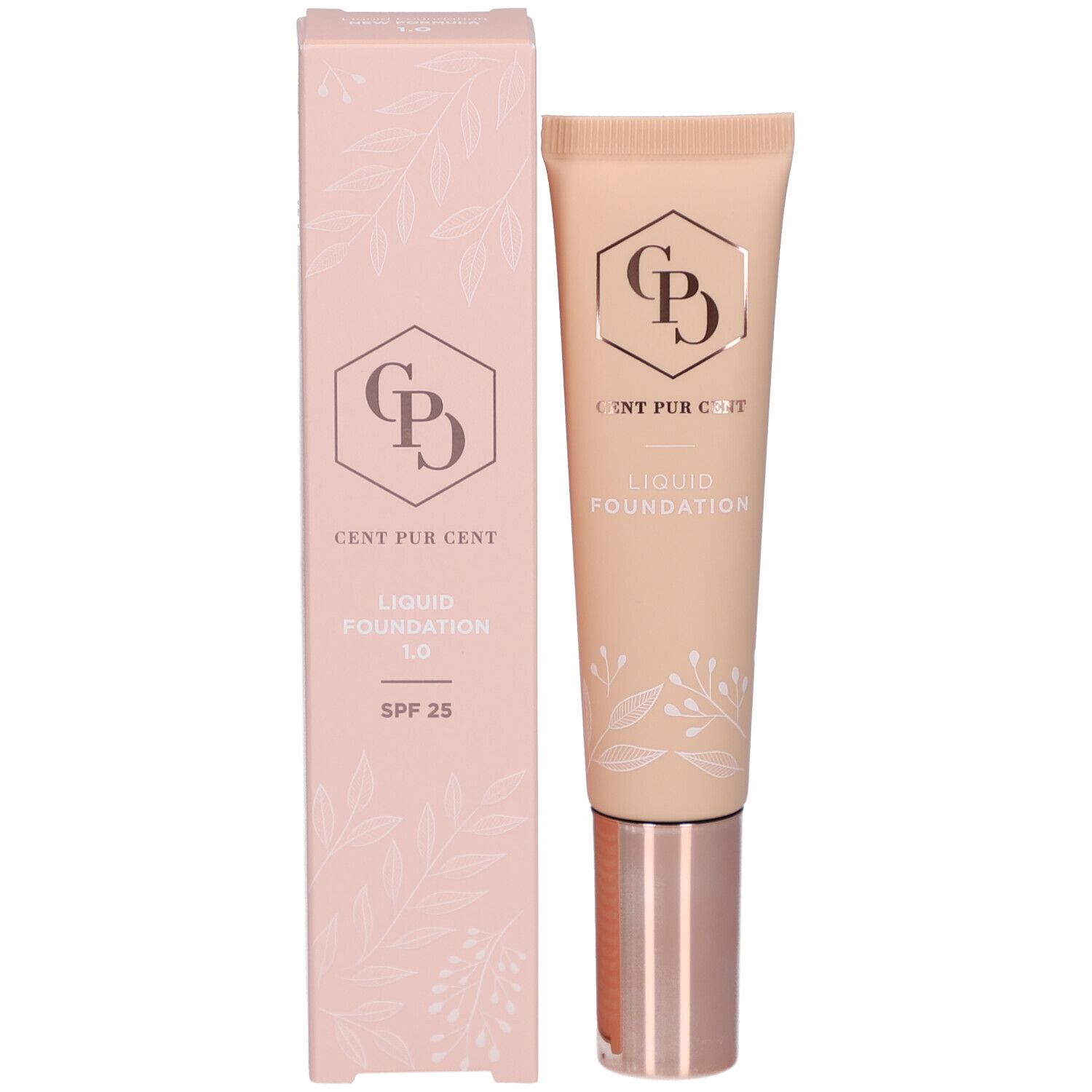 Tube und Verpackung. Aufschrift: Cent Pur Cent Liquid Foundation 1.0. Mit Logo und SPF 25.