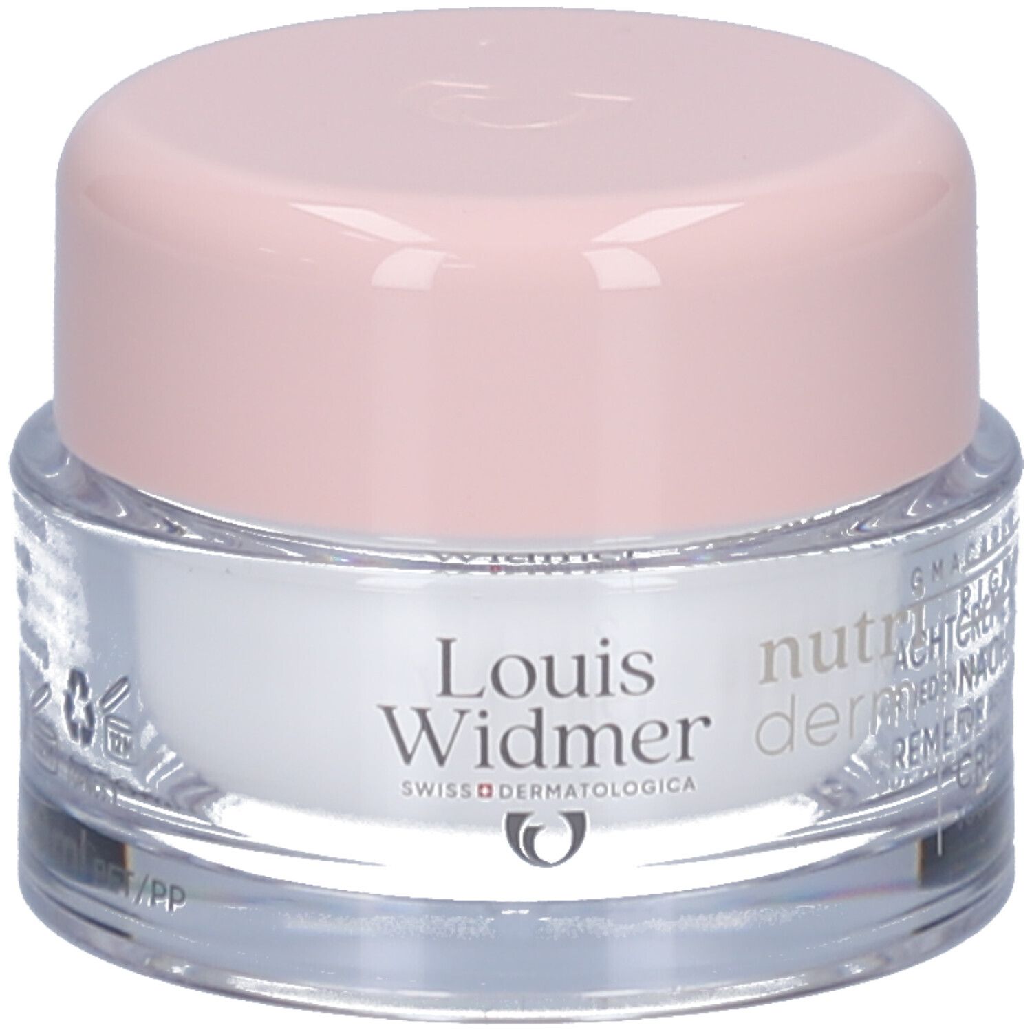Creme-Tiegel mit rosa Deckel. Aufschrift: Louis Widmer, nutriderm. Klare Glasbasis.
