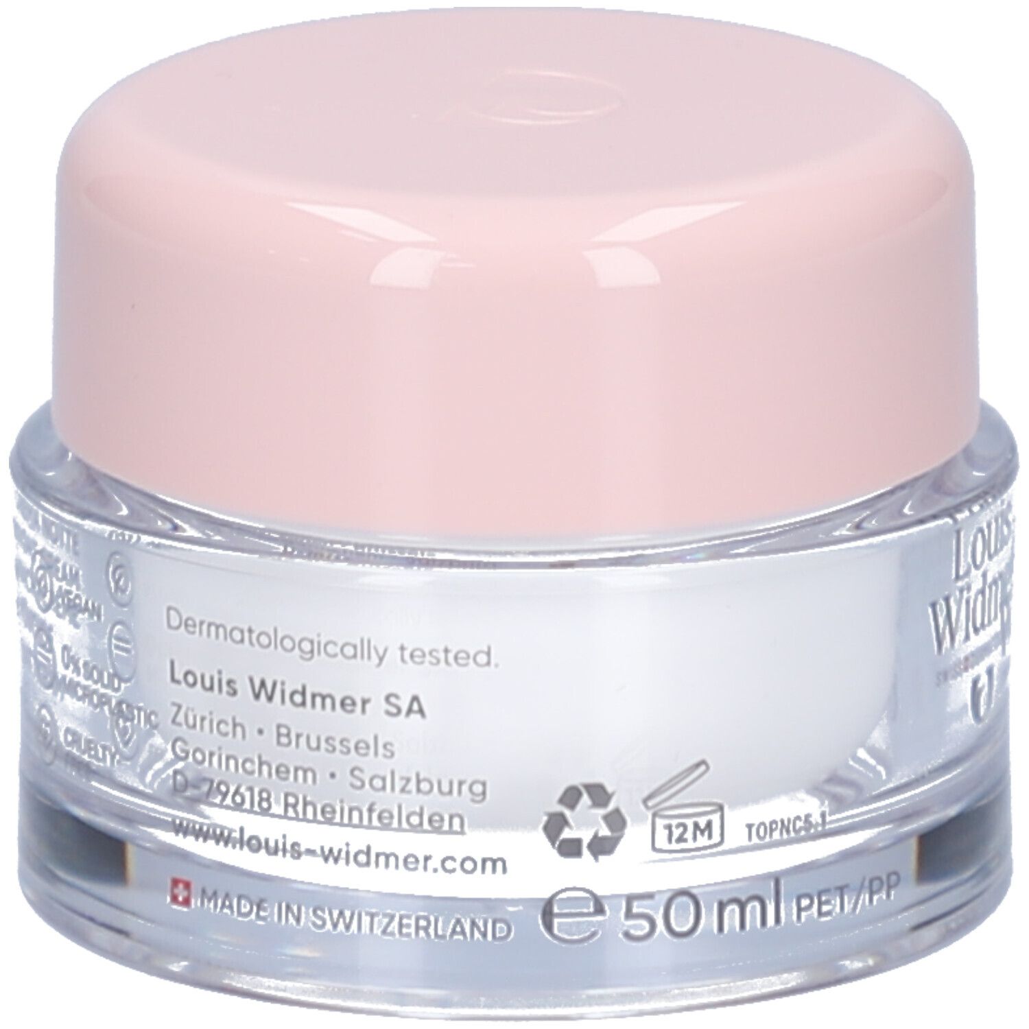 Creme-Tiegel mit rosa Deckel. Aufschrift: Louis Widmer, nutriderm. Auf der Rückseite Informationen.