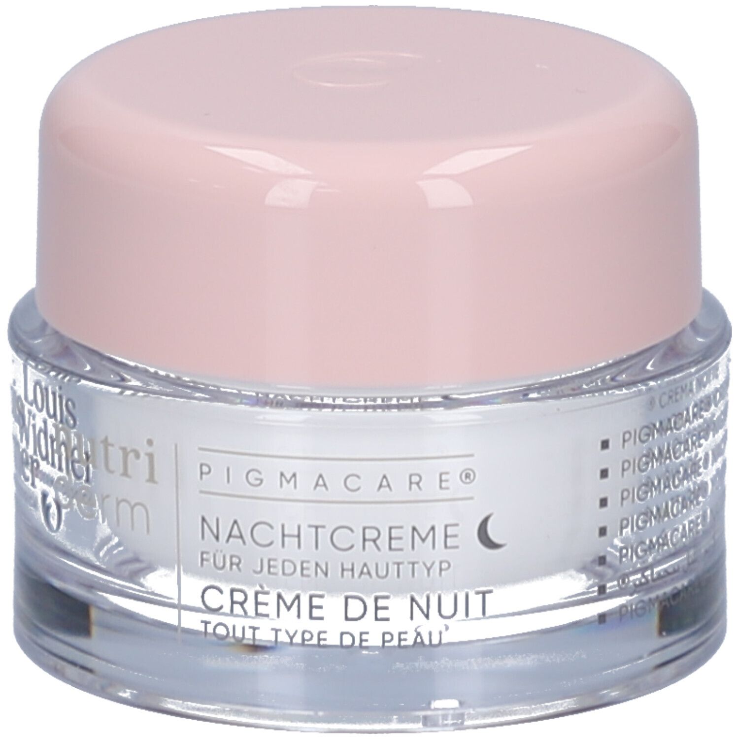 Creme-Tiegel mit rosa Deckel. Aufschrift: Louis Widmer, nutriderm, Pigmacare. Nachtcreme für jeden Hauttyp.