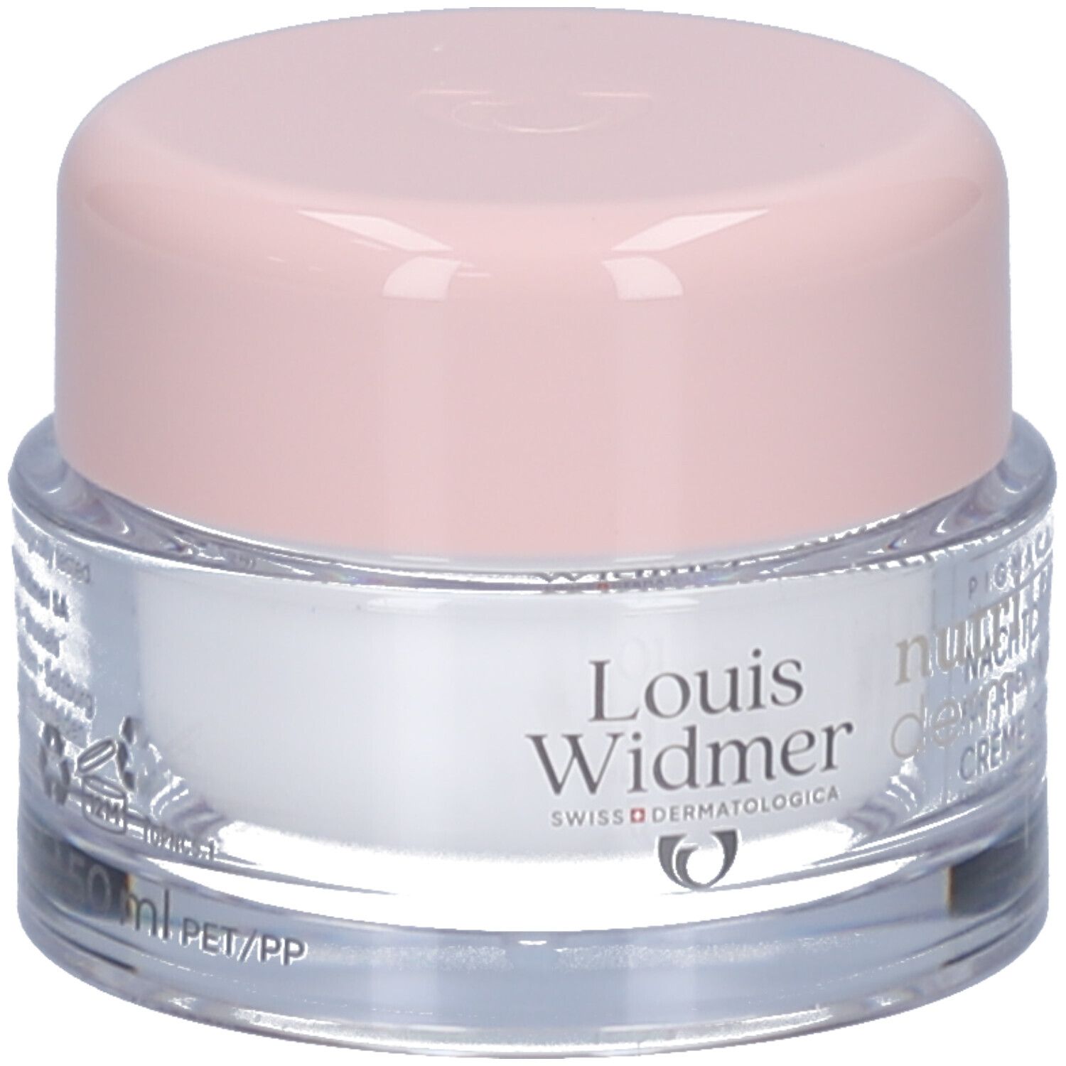 Creme-Tiegel mit rosa Deckel. Aufschrift: Louis Widmer, nutriderm, Pigmacare. Nachtcreme.