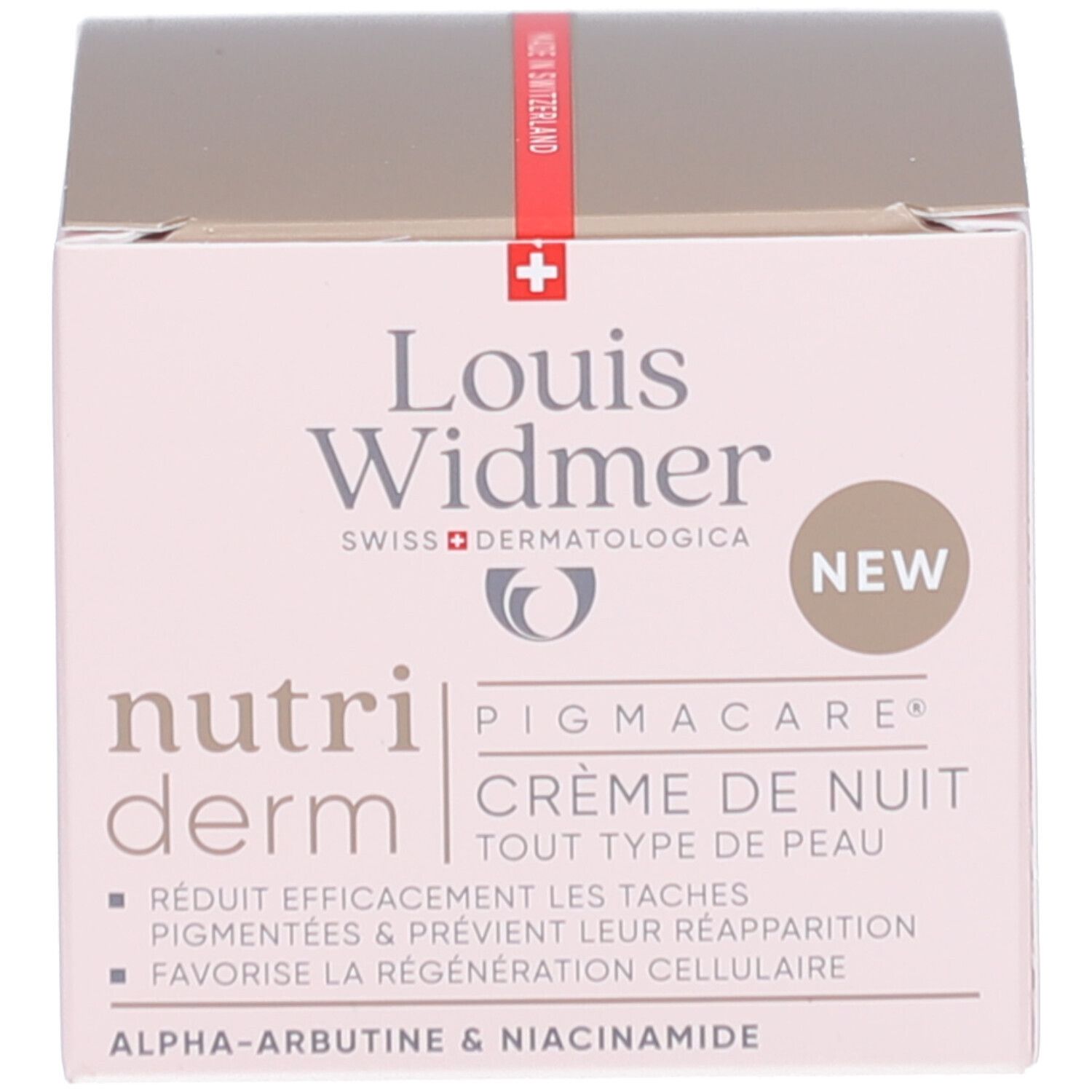 Produktverpackung. Aufschrift: Louis Widmer, nutriderm, Pigmacare. Neue Produkt-Kennzeichnung.