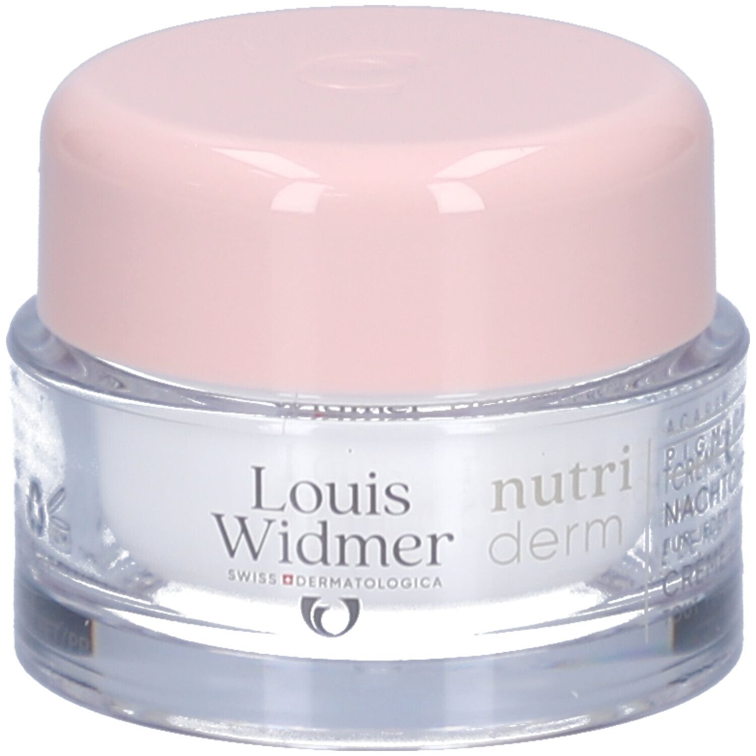 Creme-Tiegel mit rosa Deckel. Aufschrift: Louis Widmer, nutriderm. Swiss Dermatologica.