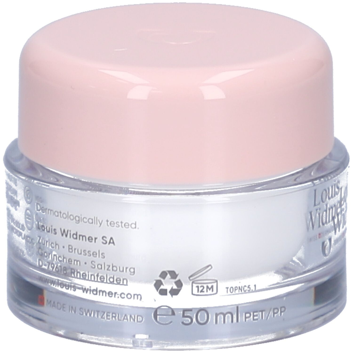Creme-Tiegel mit rosa Deckel. Aufschrift: Louis Widmer, nutriderm. 50 ml.