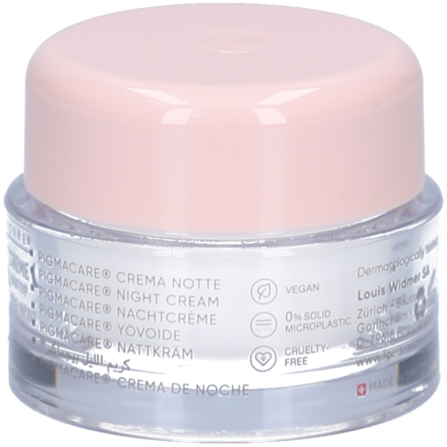 Creme-Tiegel mit rosa Deckel. Aufschrift: PIGMACARE, Nachtcreme. Vegan, 0% Mikroplastik.