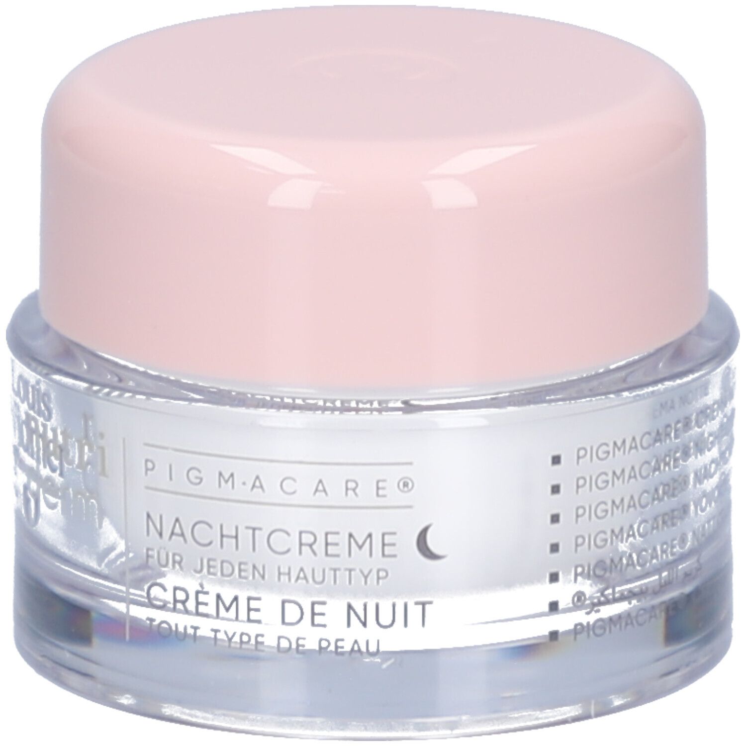 Creme-Tiegel mit rosa Deckel. Aufschrift: PIGMACARE, Nachtcreme für jeden Hauttyp. Crème de nuit.