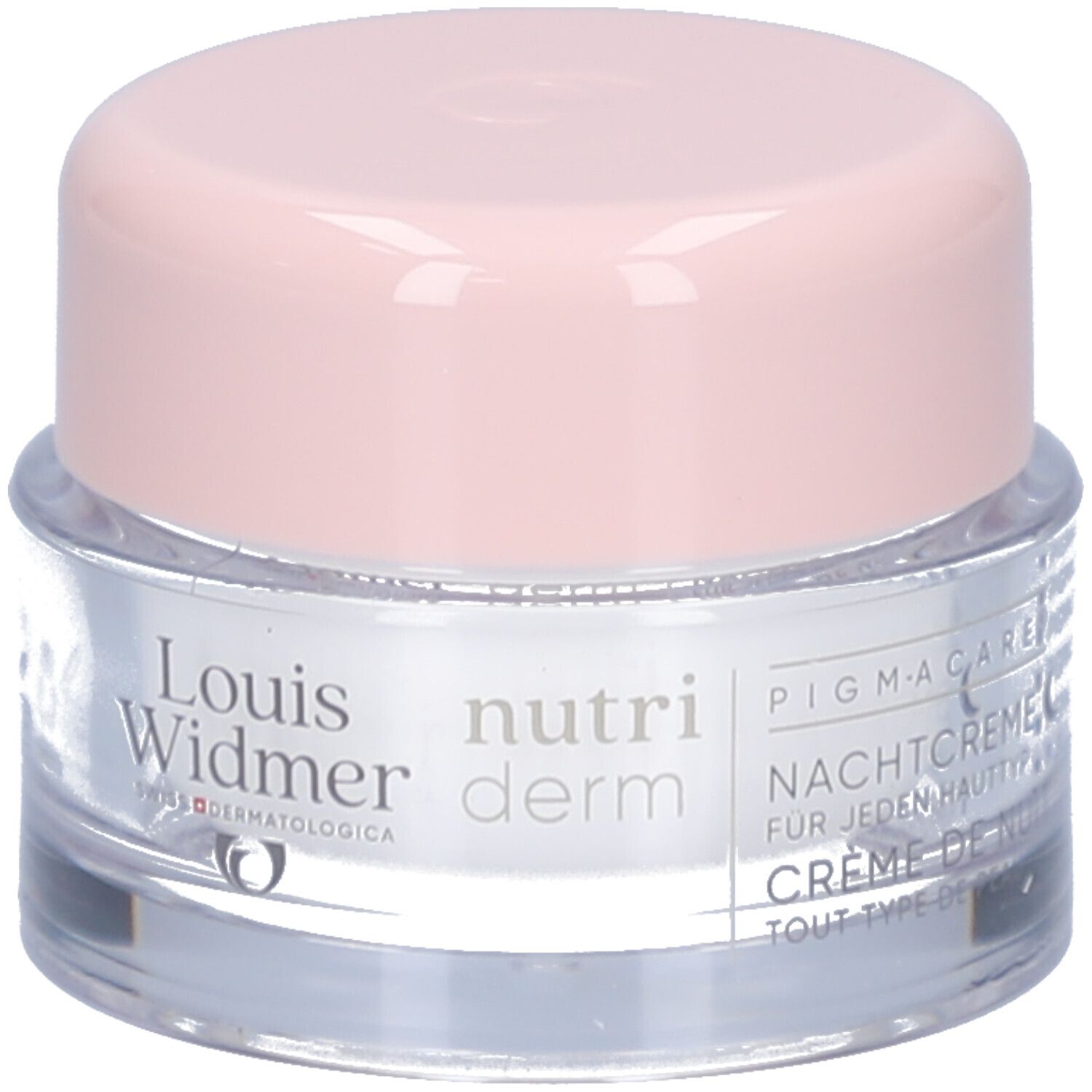 Creme-Tiegel mit rosa Deckel. Aufschrift: Louis Widmer, nutriderm, Nachtcreme. PIGMACARE.