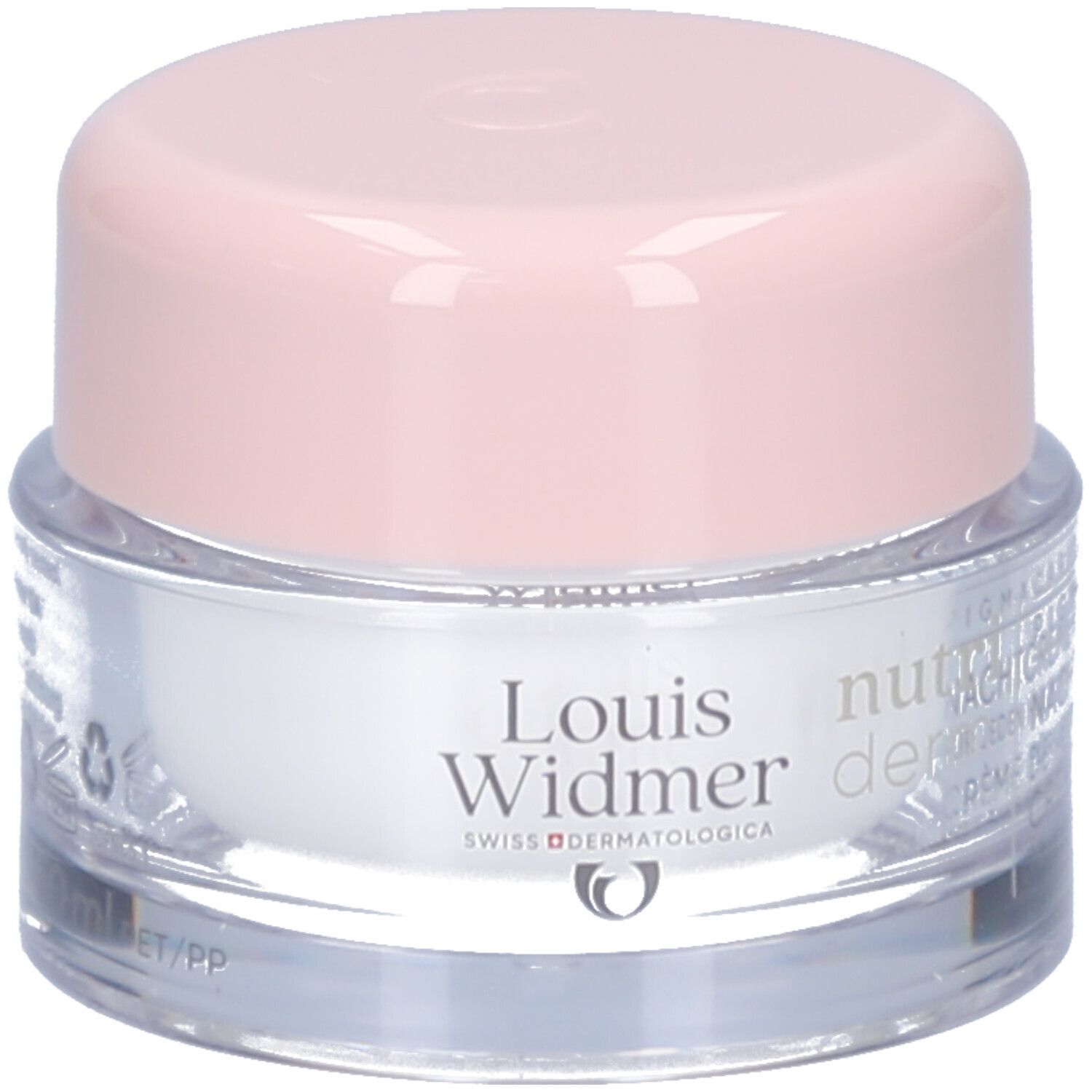 Creme-Tiegel mit rosa Deckel. Aufschrift: Louis Widmer, nutriderm. PIGMACARE, Nachtcreme.