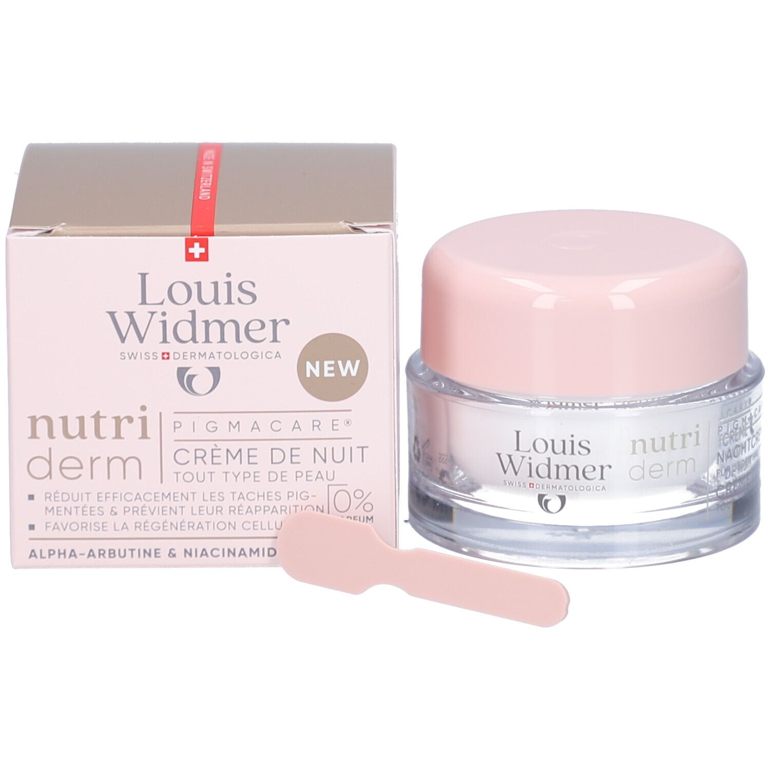 Produktverpackung und Tiegel. Aufschrift: Louis Widmer, nutriderm, PIGMACARE, Crème de nuit. Mit Spatel.