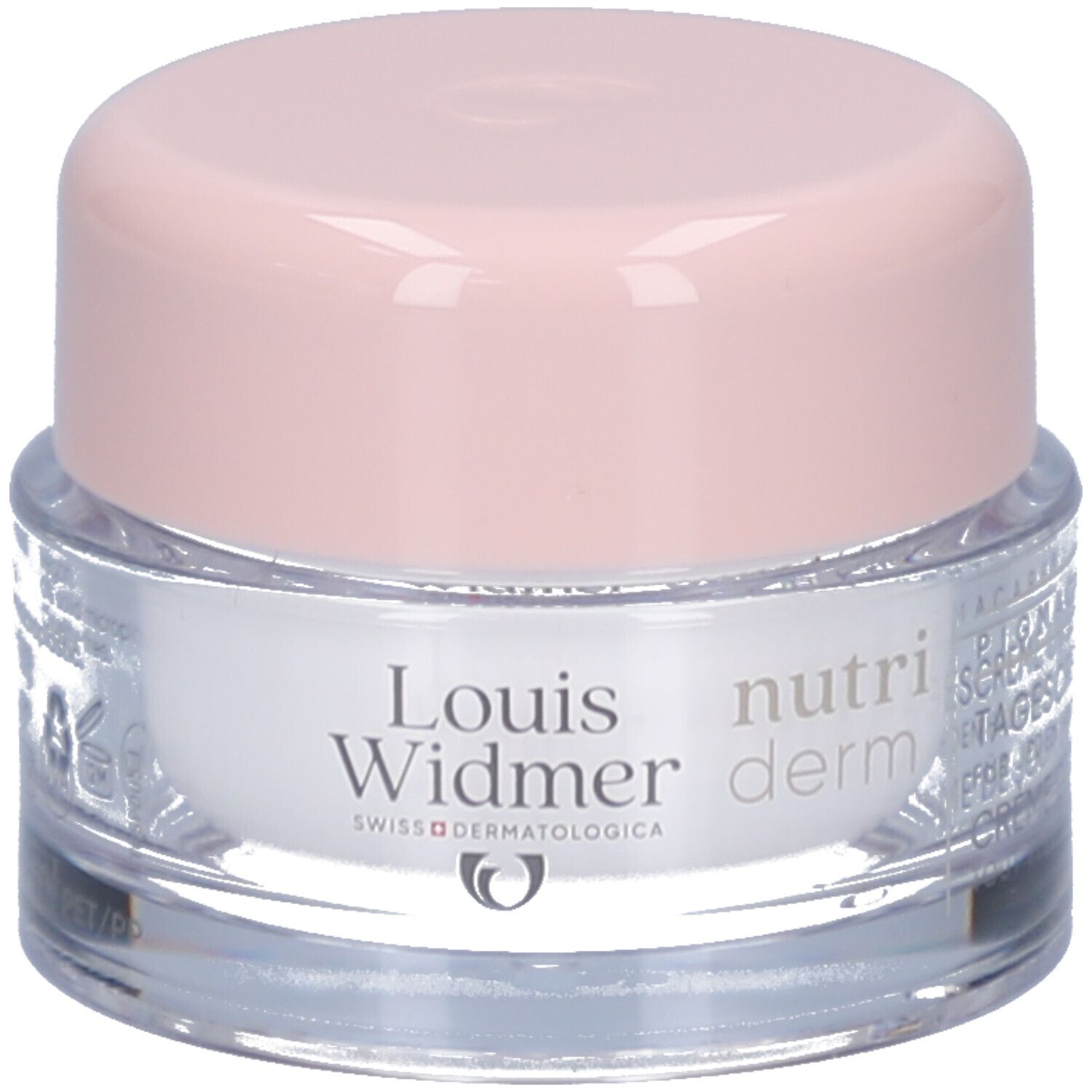 Creme-Tiegel mit rosa Deckel. Auf dem Tiegel steht "Louis Widmer nutriderm".