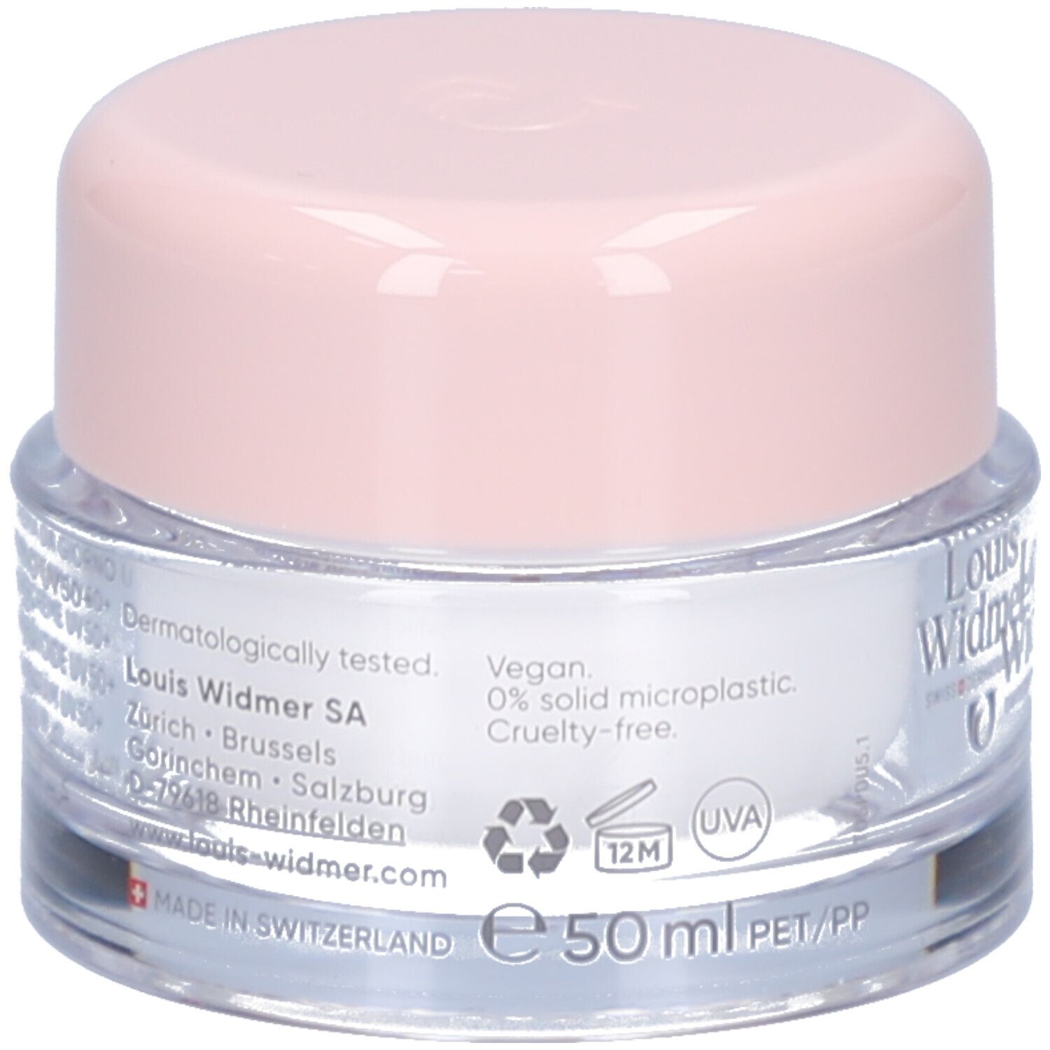 Rückseite des Creme-Tiegels mit Text. "Louis Widmer SA" und weitere Informationen.